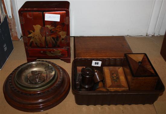 Treen collectables, barometer, tea caddy etc.